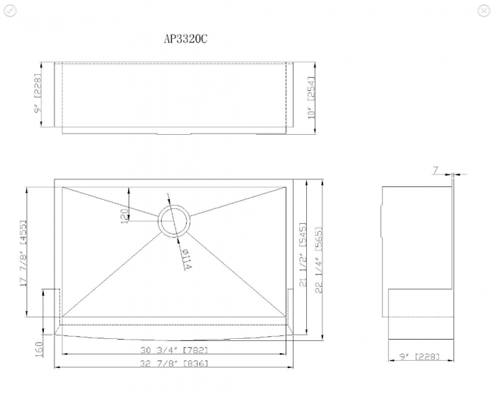 327/8"W*221/4D*9"H undermount sink 3222S-16G-184